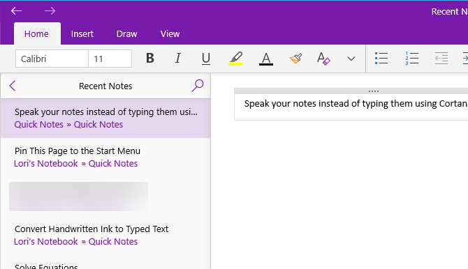 Nota adicionada ao OneNote usando Cortana