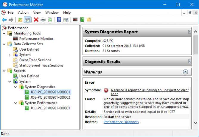 Resultados de diagnóstico do Windows 10 Performance Monitor