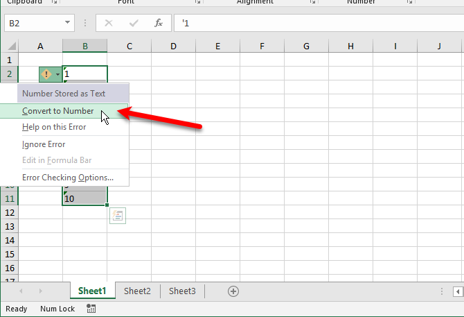 funções de texto do excel - Selecione Converter em número na coluna