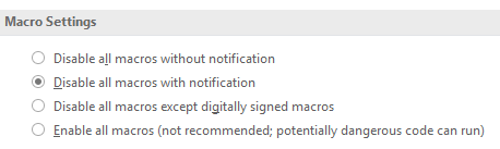 Configurações de macro do Word 2016