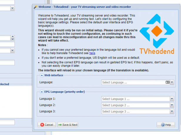 Configuração inicial da Web do Tvheadend