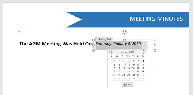 Controle de Conteúdo do Seletor de Data do Microsoft Word
