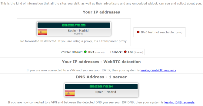 Vazamento de IP testando uma VPN na Espanha