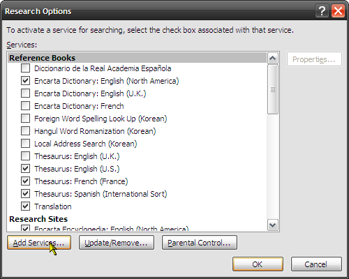 Como usar o recurso de pesquisa no Microsoft Word 2007 4 adicionar serviços