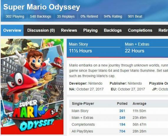 Quanto tempo para vencer a entrada para Super Mario Odyssey