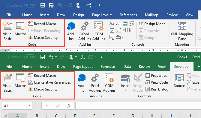 Seção Código na guia Desenvolvedor no Microsoft Word e Microsoft Excel