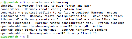 pesquisa de apt-cache do openhab para ligação de harmonia