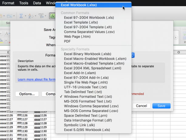 opções de exportação de excel