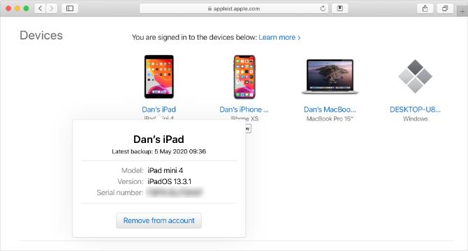 Site da Apple ID com número de série do iPad
