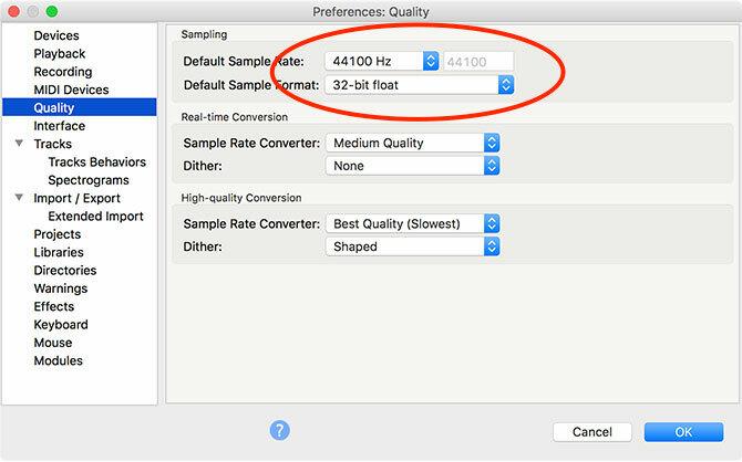 Configurações do Audacity