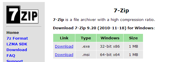 Instalador de 7 zip com 32 bits e 64 bits