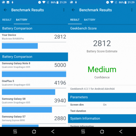 Estatísticas de bateria do Geekbench para o BV6800 Pro