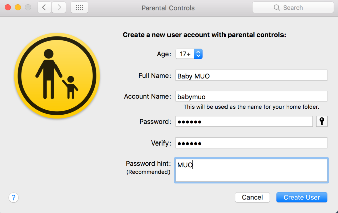 mac criar conta de controle parental