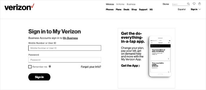 Banner da página inicial da Verizon