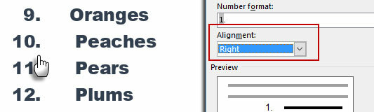 Alinhar à direita uma lista numerada