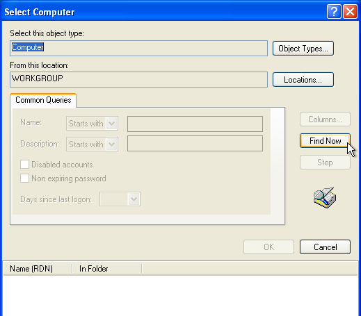 Essa captura de tela mostra o recurso "Localizar outro computador" do Windows XP "Selecionar computador"