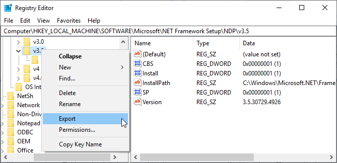 chave de exportação do registro do windows