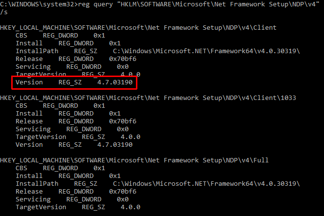 Prompt de comando Versão do .NET Framework