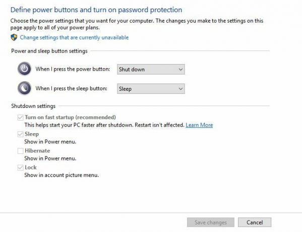 Windows 10 opções de botão de energia