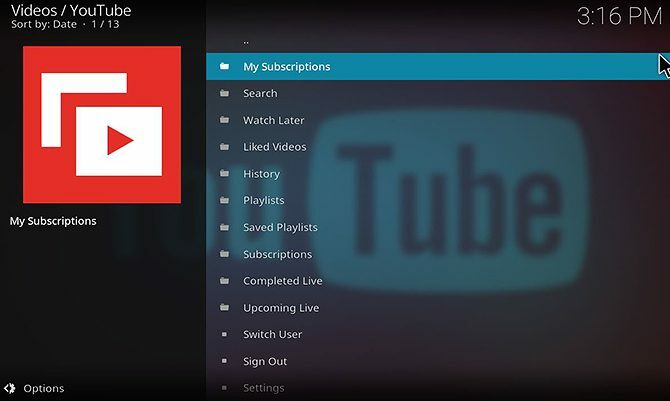 Como instalar e usar o menu inicial do complemento Kodi do YouTube - add-on