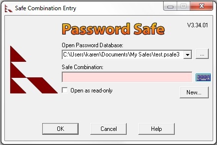 Tela de logon para o utilitário Password Safe