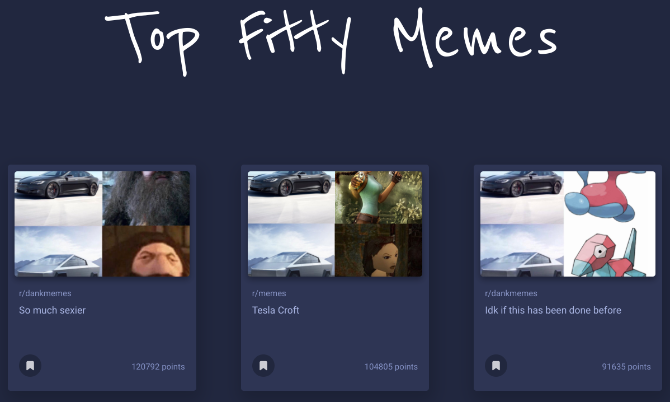 Top Fifty Memes lista os 50 melhores memes do Reddit em subreddits todos os dias