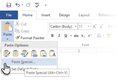 Colar especial do Microsoft Word Clique com o botão direito do mouse