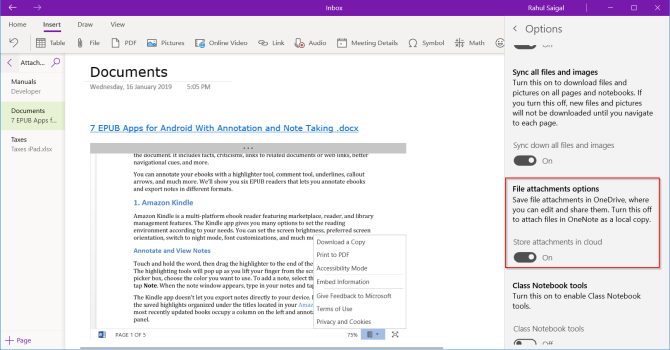 anexo de nuvem no OneNote para Windows 10