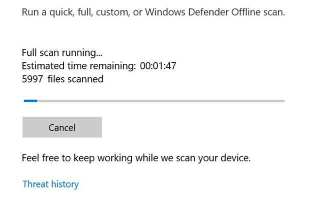 Verificação do antivírus do Windows Defender