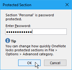 Caixa de diálogo Seção Protegida no OneNote 2016