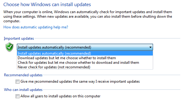 Opções de atualização do Windows