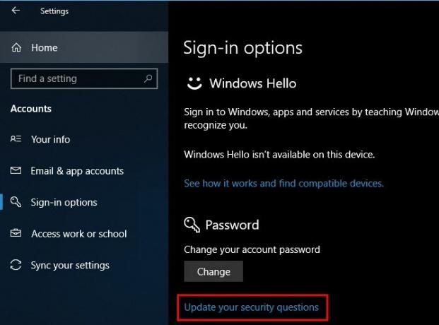 Perguntas de segurança do Windows 10