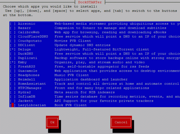 Menu de configuração da instalação dos aplicativos Dockstarter