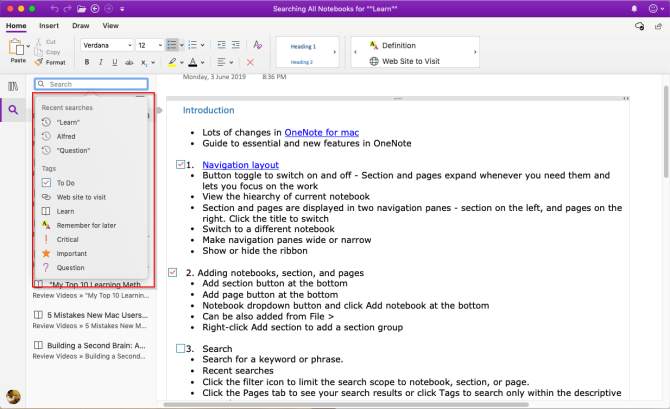 pesquisar notas no OneNote Mac