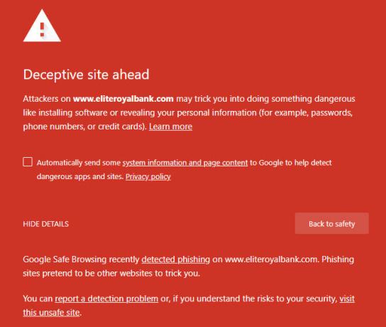 detectar falsificações on-line - Chrome Fake Website