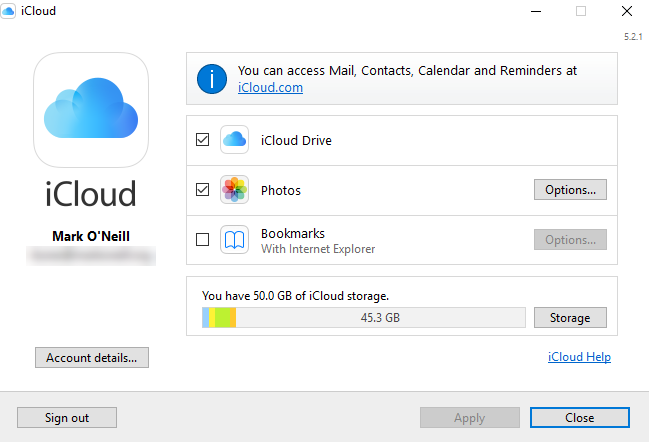 Captura de tela das configurações do painel de controle do iCloud