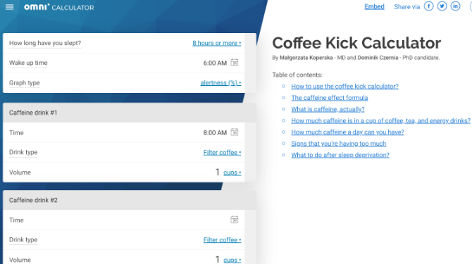 O Coffee Kick by Omnicalculator informa quando você estará mais alerta com base na ingestão de café e na programação do sono