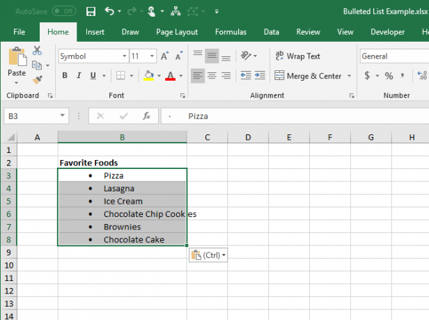 Lista com marcadores copiada do Word para várias células no Excel