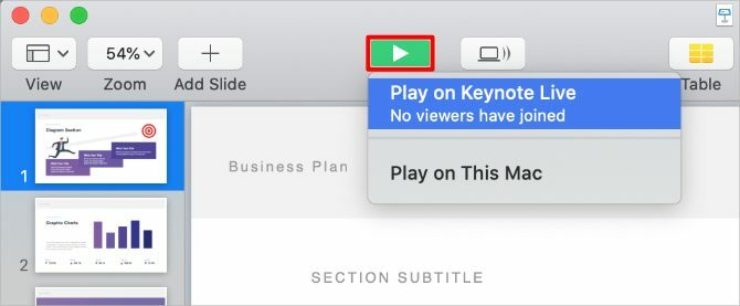 Botão Play do Keynote com a opção Live do Keynote