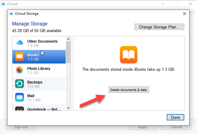 Tela de gerenciamento do armazenamento do painel de controle do iCloud