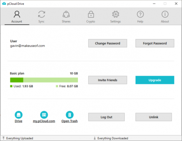 Capacidade de armazenamento da conta de usuário pCloud