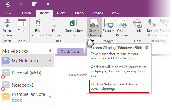 Recorte de tela do OneNote