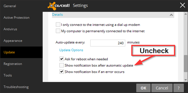 Avast - Configurações - Atualização