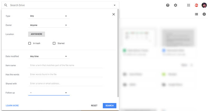 Filtros de pesquisa do Google Drive