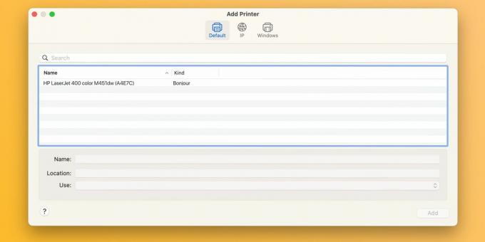 Caixa de diálogo Adicionar impressora nas configurações do sistema macOS Sonoma