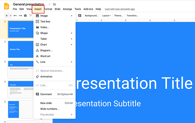 Como criar uma apresentação Slides do Google Menu Inserir