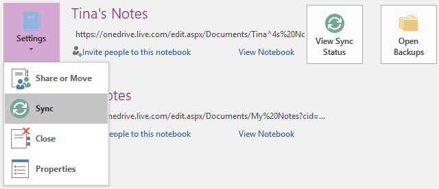 Notas de sincronização do OneNote