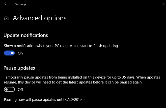Atualizações de pausa do Windows 10