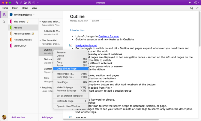 copiar link para a página do OneNote