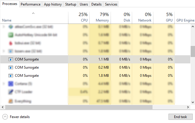 Processo substituto COM no Gerenciador de tarefas do Windows